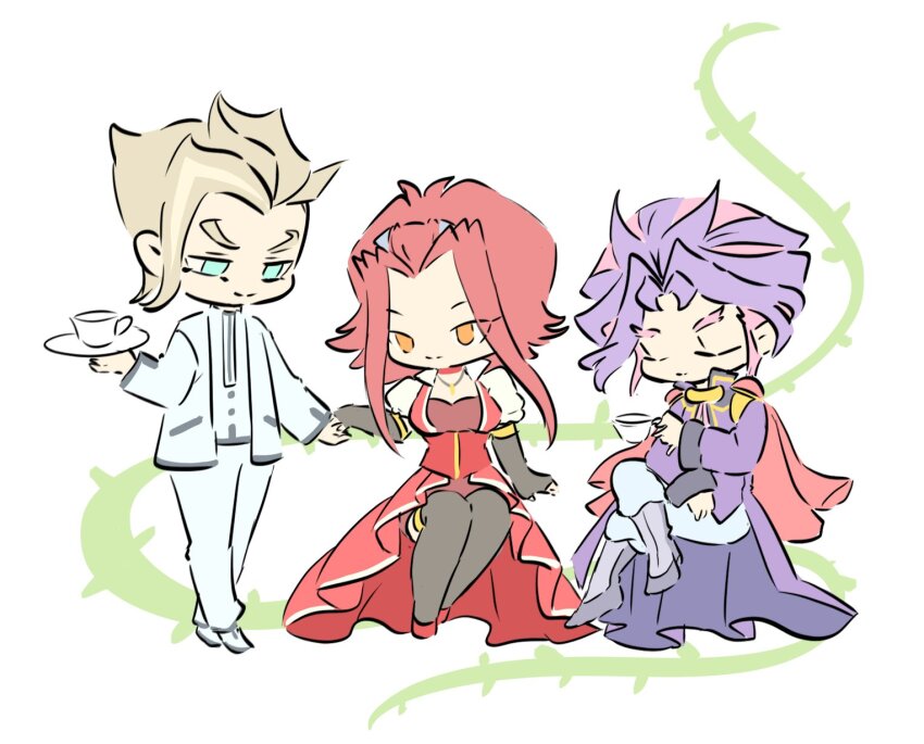 blonde_hair blue_eyes brown_eyes chibi closed_eyes dress formal_clothes highres in-franchise_crossover invisible_chair izayoi_aki jacket joeri_(yu-gi-oh!) pants purple_hair red_dress red_hair shirt sitting spectre_(yu-gi-oh!) suit trait_connection vector_(yu-gi-oh!) white_jacket white_pants white_shirt white_suit yu-gi-oh! yu-gi-oh!_arc-v yu-gi-oh!_vrains zackpyo
