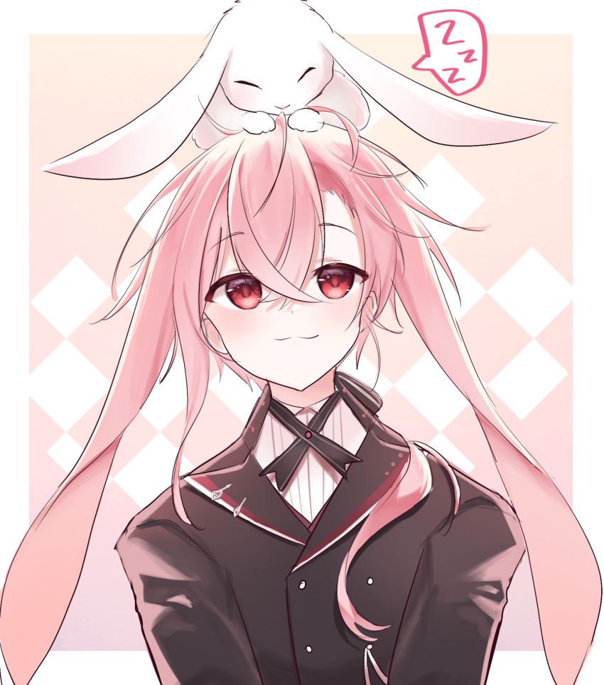 1boy :3 animal animal_ears animal_on_head ansel_(arknights) ansel_(nighttime_cafe)_(arknights) arknights black_jacket border commentary crossed_bangs english_commentary gradient_background hair_between_eyes highres jacket long_hair looking_at_animal looking_up lop_rabbit_ears male_focus on_head pink_background pink_hair rabbit rabbit_ears red_eyes rinzy shirt sidelocks simple_background solo speech_bubble white_shirt zzz