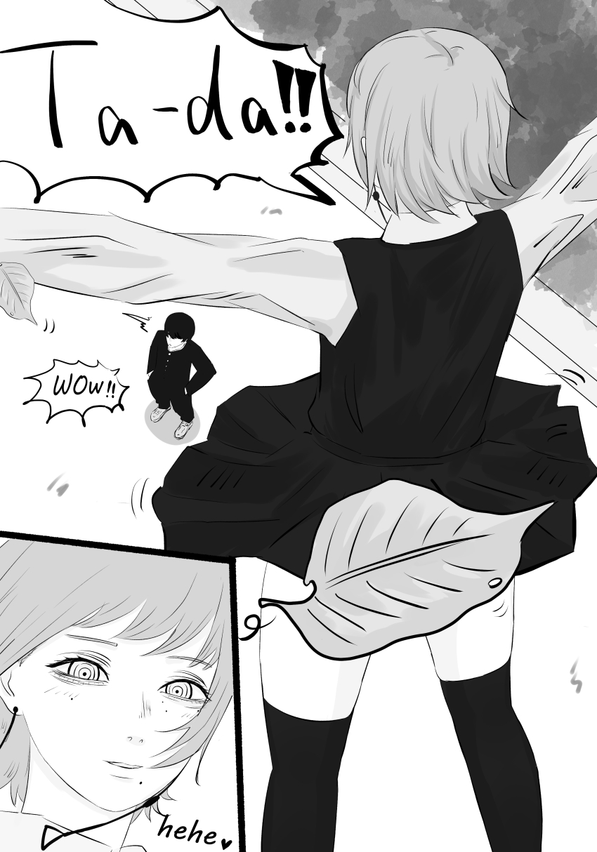 1boy 1girl absurdres aguxxxuu chainsaw_man collared_shirt convenient_censoring death_devil_(chainsaw_man) dress english_text flashing gakuran greyscale heart highres leaf leaf_censor monochrome pinafore_dress ringed_eyes school_uniform shirt sleeveless sleeveless_dress wind wind_lift yoshida_hirofumi