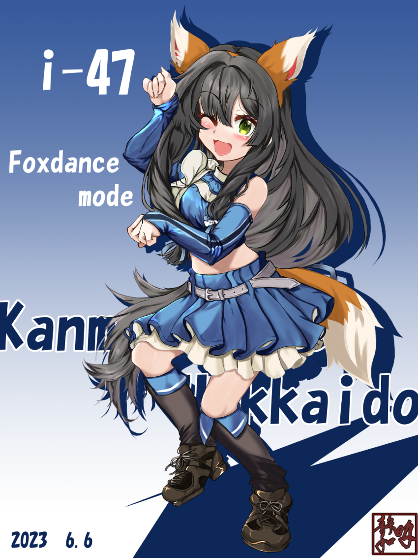 1girl animal_ears belt black_boots black_hair blue_shirt blue_skirt boots bridal_gauntlets cheerleader fox_ears fox_tail full_body green_eyes highres hokkaido_nippon-ham_fighters i-47_(cheerleader)_(kancolle) i-47_(kancolle) kantai_collection kitsune_dance layered_skirt long_hair looking_at_viewer nippon_professional_baseball one_eye_closed paw_pose pleated_skirt shirt shizuwa_akira skirt sleeveless sleeveless_shirt solo tail white_belt