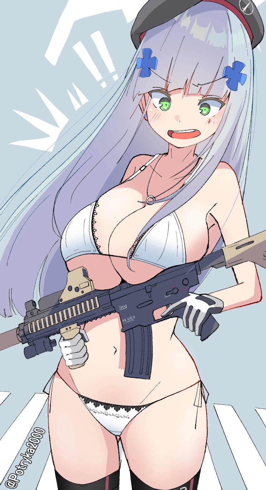 ! !! 1girl absurdres assault_rifle beret black_gloves black_headwear black_thighhighs blue_hair bra breasts cleavage commentary_request cowboy_shot cross cross_hair_ornament cross_patty crosswalk eotech finger_on_trigger foregrip girls&#039;_frontline gloves green_eyes gun h&amp;k_hk416 hair_ornament hat heckler_&amp;_koch highres hk416_(girls&#039;_frontline) holding holding_gun holding_weapon jewelry large_breasts laser_sight light_blue_hair logo looking_down navel necklace optical_sight panties potryka2000 rifle side-tie_panties simple_background surprised teardrop_facial_mark thighhighs tsurime twitter_username two-tone_gloves underwear vertical_foregrip weapon weapon_name white_bra white_gloves white_panties
