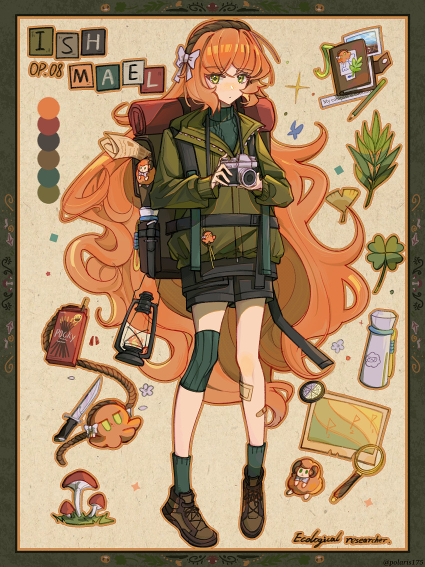 1girl absurdres animalization backpack bag bandaid bandaid_on_leg black_shorts cable_knit camera clover dajie_de_erji_xian four-leaf_clover green_jacket green_sweater hairband highres holding holding_camera ishmael_(project_moon) jacket knife leaf limbus_company long_hair mushroom newspaper octopus orange_hair person_and_animalization plant project_moon ribbed_sweater rope shorts solo sweater thermos turtleneck turtleneck_sweater very_long_hair