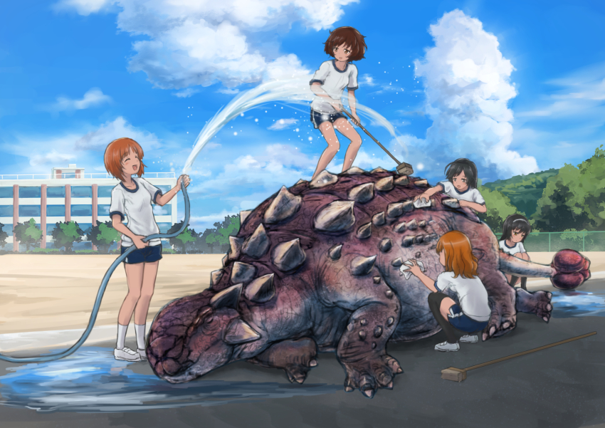 10s 5girls akiyama_yukari anachronism ankylosaurus ari_hinoko black_hair black_legwear blue_shorts blunt_bangs brown_eyes brown_hair closed_eyes cloud cloudy_sky club_(weapon) commentary day dinosaur girls_und_panzer gym_uniform hairband highres holding hose isuzu_hana long_hair multiple_girls name_tag nishizumi_miho open_mouth orange_hair outdoors reizei_mako school shirt shoes short_hair shorts single_vertical_stripe sky smile socks squatting standing summer takebe_saori thighhighs towel washing white_footwear white_legwear white_shirt