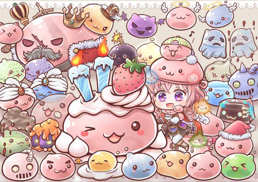 1girl :3 absurdres angeling archangeling backwards_hat baseball_cap biolo_(ragnarok_online) black_skirt bomb brown_gloves candle cape character_request chibi closed_mouth commentary_request dalcom_(ragnarok_online) deviling drops_(ragnarok_online) eggring explosive facial_hair fang fire fire food fried_egg fruit full_body garlic ghost ghostring gloves hat heavy_metaling highres icing jejeling king_poring long_hair looking_at_viewer magmaring marin_(ragnarok_online) melon metaling lava mustache nyamen2828 one_eye_closed open_mouth pants pink_hair poporing poring pouring_(ragnarok_online) purple_eyes ragnarok_online red_cape robot rock scarf skirt slime_(creature) smile sparkle stapo strawberry thick_eyebrows turban vial wavy_hair white_pants
