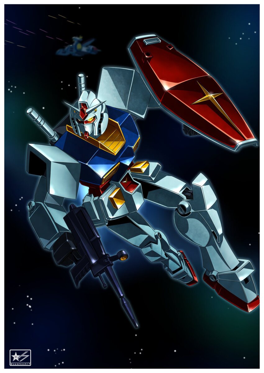 arm_shield artist_logo artist_name beam_rifle border commentary directed-energy_weapon earth_federation energy_cannon energy_gun energy_weapon exhaust flying gun gundam highres holding holding_gun holding_weapon logo mecha mecha_focus mobile_suit mobile_suit_gundam no_humans robot rx-78-2_gundam samhoshi7 science_fiction solo space spacecraft star_(sky) v-fin weapon white_base white_border yellow_eyes