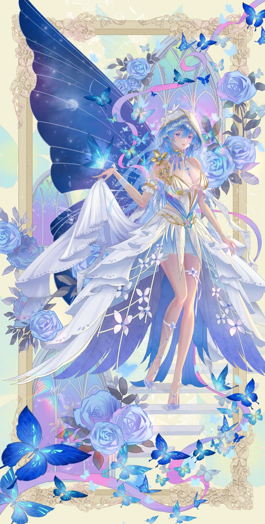 1girl absurdres adapted_costume armlet asymmetrical_legwear bare_legs bare_shoulders blue_butterfly blue_flower blue_hair blue_nails blue_rose body_markings border breasts bug butterfly butterfly_wings chinese_commentary cleavage clothes_lift collarbone colored_eyelashes commentary dandelion_seed dress dress_lift floating_stairs flower frilled_armlet full_body glass_footwear glass_shards glowing_butterfly gold_armlet highres insect insect_wings knees_together_feet_apart large_breasts layered_skirt leaf long_hair looking_at_viewer mismatched_legwear nail_polish neck_flower ornate_border outside_border parted_lips purple_eyes rose see-through_clothes see-through_skirt see-through_veil shorekeeper_(wuthering_waves) single_wing skirt smile solo stained_glass strapless strapless_dress tacet_mark_(wuthering_waves) taozaitao veil white_dress white_veil window wings wuthering_waves yellow_background yellow_flower