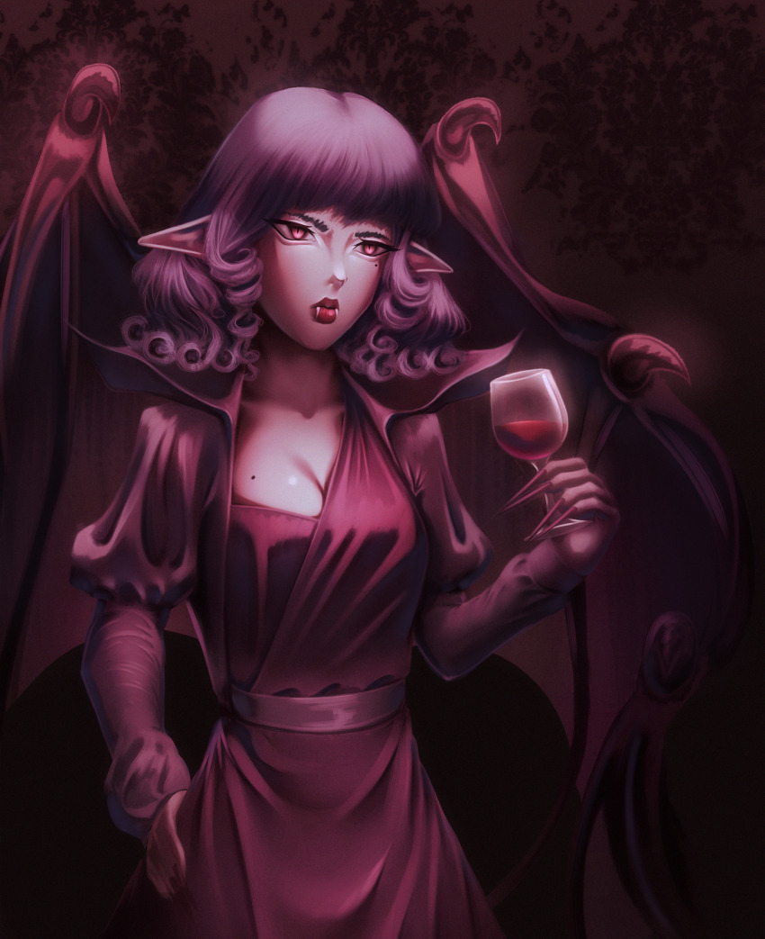 1girl absurdres alcohol alternate_costume animal_ears breasts cleavage cup dress drinking_glass earrings highres holding jewelry klabisot lips looking_at_viewer makeup medium_breasts nail_polish pink_hair pointy_ears red_eyes remilia_scarlet short_hair solo touhou wine wine_glass wings