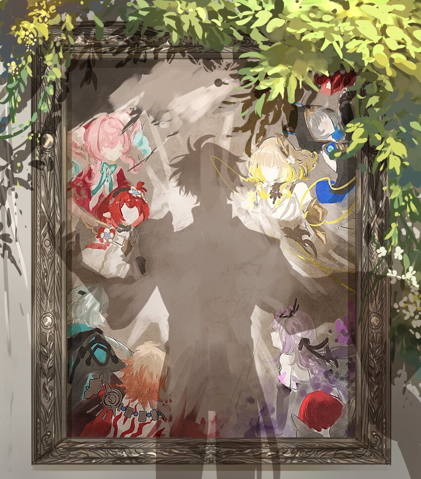 1boy aglaea_(honkai:_star_rail) anaxa_(honkai:_star_rail) angel_wings animal_hood aqua_hair blonde_hair castorice_(honkai:_star_rail) cat_hood chrysos_heirs_(honkai:_star_rail) cipher_(honkai:_star_rail) commentary green_hair grey_hair highres honkai:_star_rail honkai_(series) hood hyacine_(honkai:_star_rail) multicolored_hair mydei_(honkai:_star_rail) painting_(object) phainon_(honkai:_star_rail) picture_frame pink_hair pointy_ears purple_hair red_hair shadow short_hair solo symbol-only_commentary tanemaki_monaka trianne_(honkai:_star_rail) tribbie_(honkai:_star_rail) trinnon_(honkai:_star_rail) two-tone_hair wings