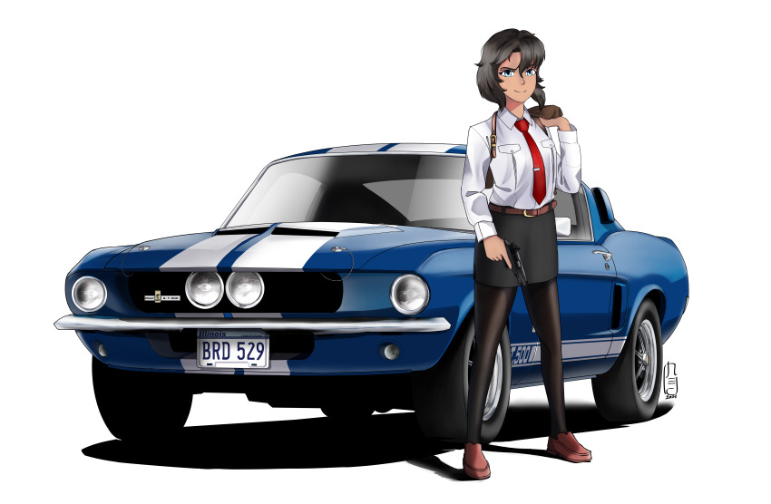 1girl absurdres belt black_hair black_pantyhose black_skirt blue_eyes brown_belt brown_footwear car dark-skinned_female dark_skin ford_mustang gun gunsmith_cats handgun highres holding holding_gun holding_jacket holding_unworn_clothes holding_weapon holster jacket kyuusanmaru license_plate looking_at_viewer motor_vehicle muscle_car necktie pantyhose pencil_skirt rally_vincent red_necktie shadow shelby_gt500 shirt short_hair sig_p220/p226 signature skirt smile solo unworn_jacket weapon white_background white_shirt