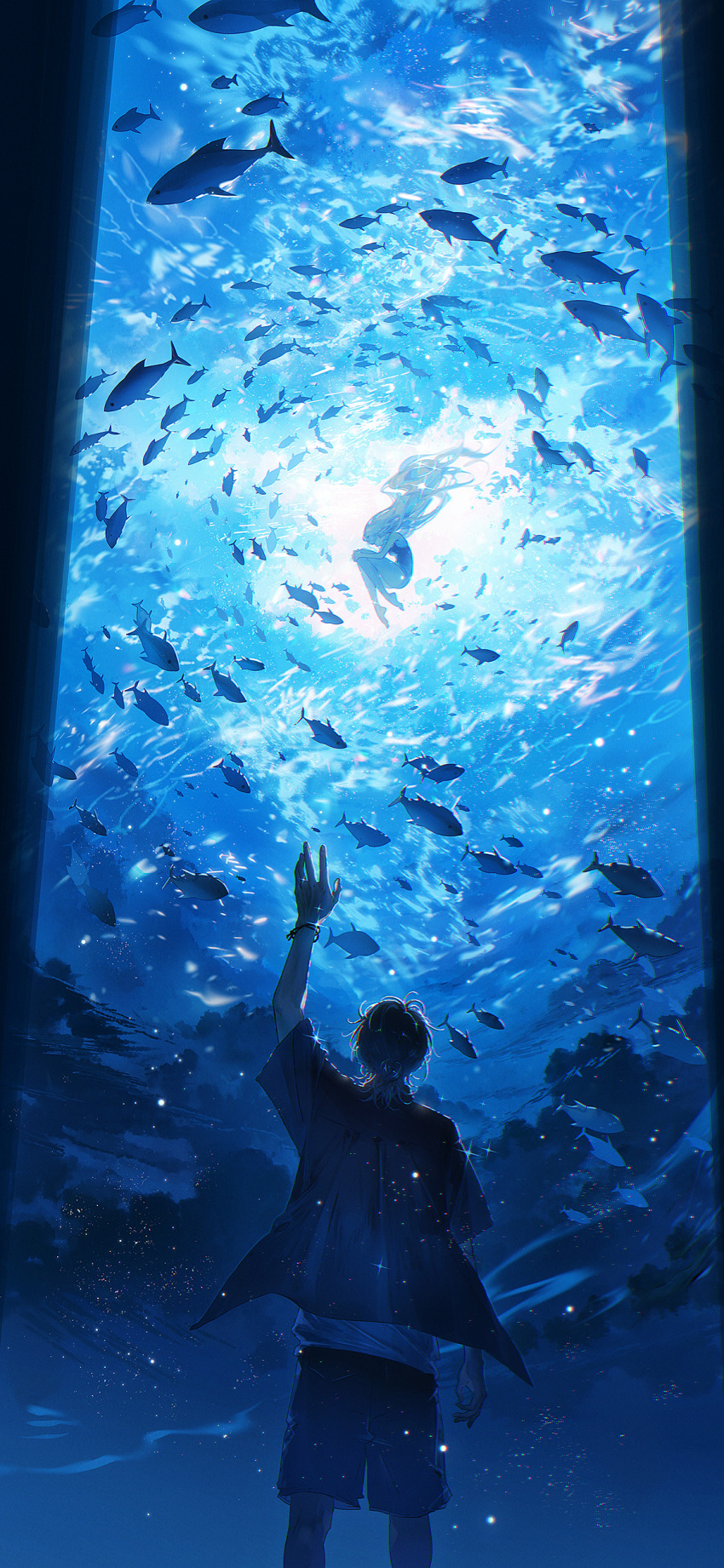 1boy 1girl absurdres ajiro_shinpei arm_up backlighting barefoot black_hair blonde_hair blue_one-piece_swimsuit blue_sky curled_up facing_away feet_out_of_frame fish floating_hair flying_fish hand_up highres hugging_own_legs jacket knees_to_chest kofune_ushio light_particles long_hair one-piece_swimsuit short_hair short_sleeves shorts sky standing summertime_render swimsuit tidsean too_many too_many_fish very_long_hair
