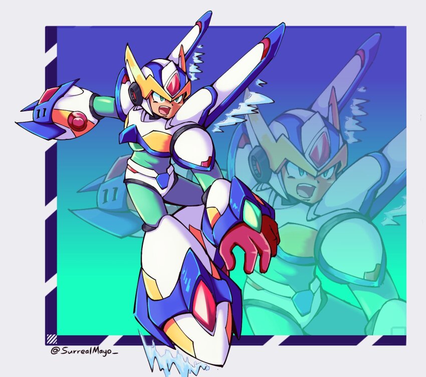 1boy android aqua_background arm_cannon armor blue_background blue_headwear falcon_armor_x_(mega_man) forehead_jewel gradient_background green_background green_eyes helmet highres mechanical_wings mega_man_(series) mega_man_x_(series) shoulder_armor surrealmason twitter_username weapon white_armor white_headwear wings x_(mega_man) zoom_layer