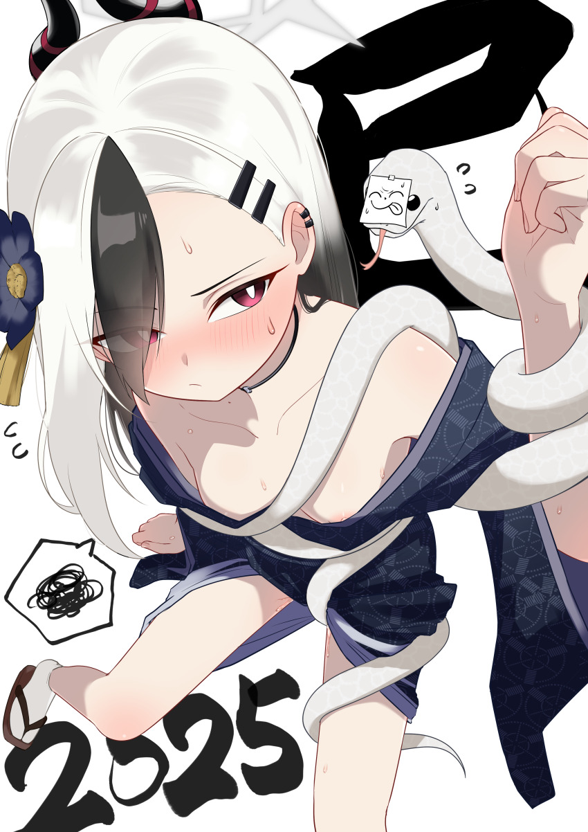 1girl 2025 absurdres animalization black_hair black_horns black_kimono blue_archive blush breasts chinese_zodiac closed_mouth collarbone demon_horns doodle_sensei_(blue_archive) eyes_visible_through_hair flower flying_sweatdrops gradient_hair hair_flower hair_ornament hair_over_one_eye hairclip halo highres horns japanese_clothes kafe_ore kayoko_(blue_archive) kayoko_(new_year)_(blue_archive) kimono looking_at_viewer multicolored_hair nipple_slip nipples official_alternate_costume official_alternate_hairstyle red_eyes sandals sensei_(blue_archive) small_breasts snake socks solo spoken_squiggle squiggle sweat white_socks year_of_the_snake