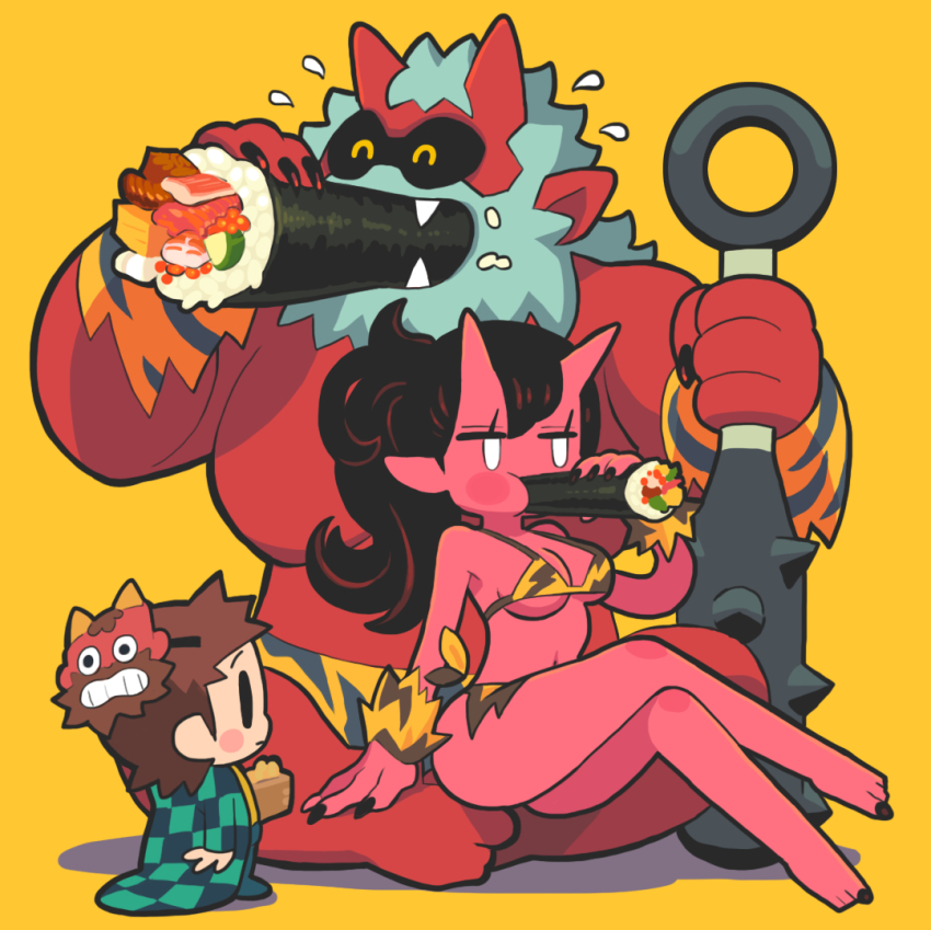 1girl 2boys black_hair black_nails blush breasts brown_hair checkered_clothes checkered_jacket club club_(weapon) colored_skin eating fingernails food gashi-gashi haori holding holding_food horns jacket japanese_clothes kanabou kimetsu_no_yaiba long_hair makizushi mask multiple_boys no_nose oni oni_mask original ponytail red_oni red_skin setsubun shadow sharp_fingernails skin-covered_horns spiked_club sushi weapon
