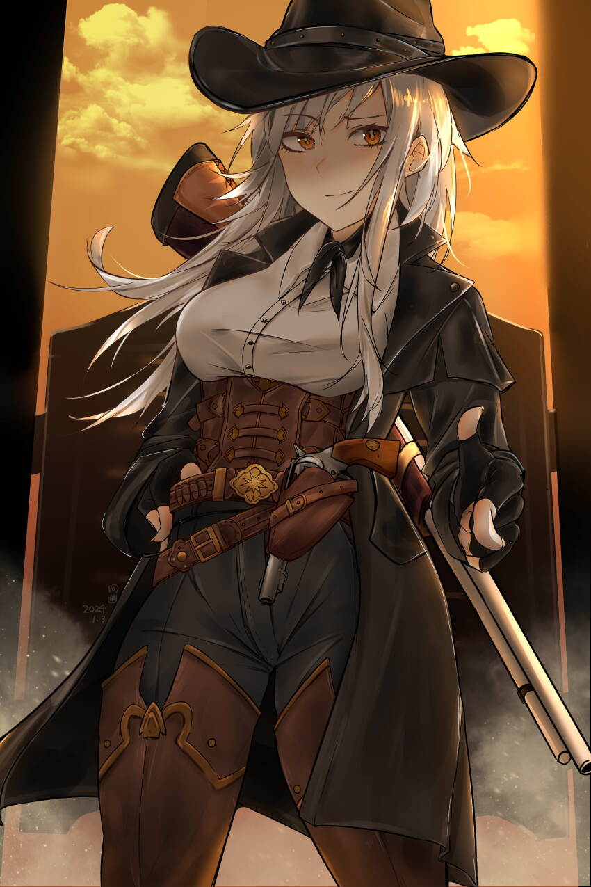 1girl absurdres belt_pouch black_jacket brown_corset cloud cloudy_sky collared_shirt corset cowboy_western cowgirl_(western) gun handgun highres holster iubworks jacket long_hair orange_eyes original pouch revolver rifle saloon_doors shirt sky sunset weapon weapon_on_back white_hair white_shirt