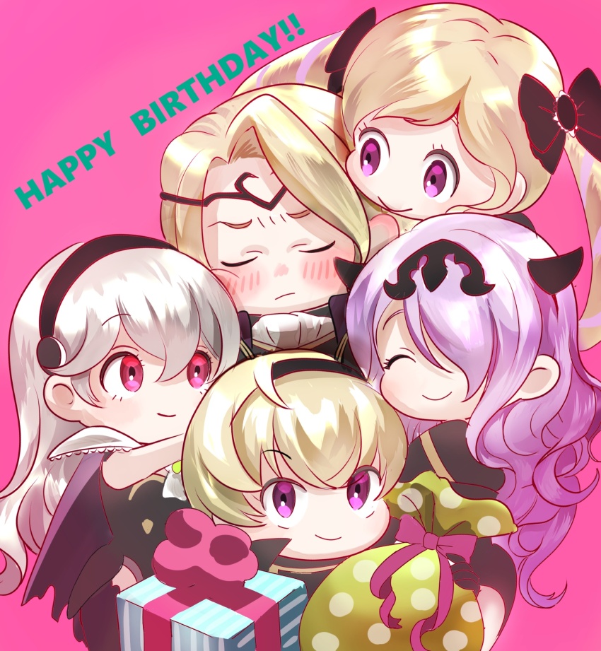 2boys 3girls bavaa black_hairband box camilla_(fire_emblem) female_corrin_(fire_emblem) elise_(fire_emblem) fire_emblem fire_emblem_fates gift gift_bag gift_box grey_hair hair_between_eyes hairband happy_birthday highres leo_(fire_emblem_fates) long_hair multiple_boys multiple_girls nintendo pointy_ears purple_eyes purple_hair red_eyes siblings smile xander_(fire_emblem)