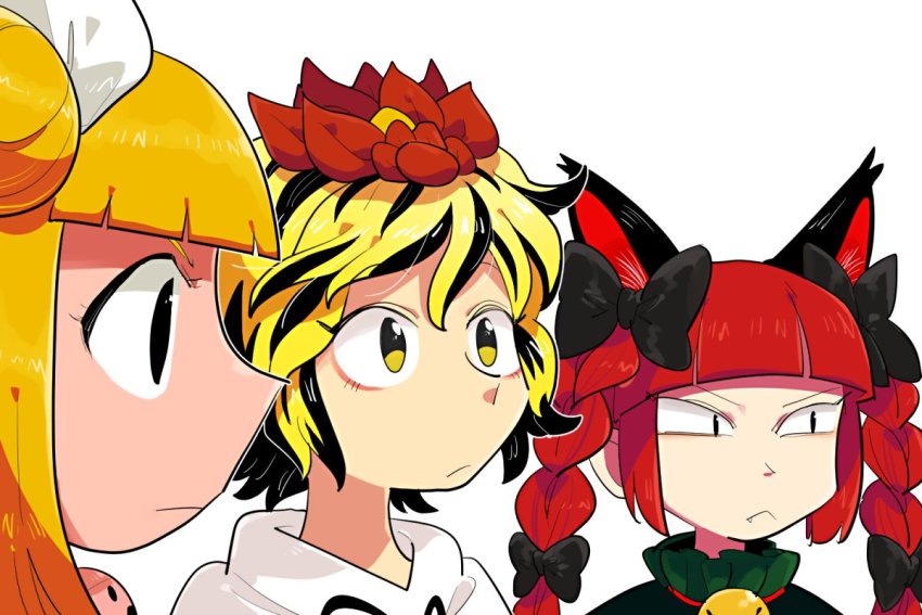 3girls animal_ears black_bow black_eyes black_hair blonde_hair blunt_bangs bow braid cat_ears commentary_request dress fang fang_out furukawa_(yomawari) green_dress hair_bow hair_ornament hair_ribbon haniwa_(statue) joutouguu_mayumi kaenbyou_rin long_hair multicolored_hair multiple_girls neck_bell parody red_hair ribbon short_hair simple_background stage_connection streaked_hair toramaru_shou touhou twin_braids two-tone_hair upper_body wanima_photo_(meme) white_background white_ribbon yellow_eyes