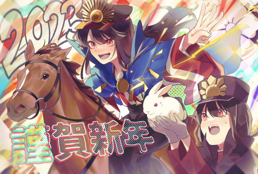 1boy 1girl :d alternate_costume black_cape black_hair black_hakama black_hat blue_cape bridle brother_and_sister cape center-flap_bangs chain crest family_crest fate/grand_order fate_(series) floating_hair gloves gold_chain grey_gloves hair_between_eyes hakama hakama_pants hands_up hat high_collar highres horseback_riding jacket japanese_clothes kepi kimono low_ponytail medallion military_hat mipi new_year oda_nobukatsu_(fate) oda_nobunaga_(fate) oda_nobunaga_(koha-ace) oda_uri open_mouth outstretched_arm pants patterned_background peaked_cap ponytail rabbit red_eyes red_jacket riding siblings sidelocks smile sweatdrop teeth upper_teeth_only v-shaped_eyebrows