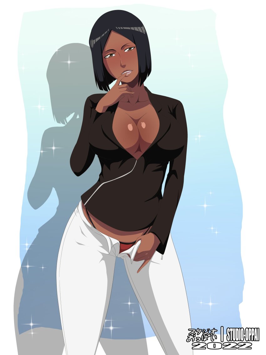 1girl absurdres black_hair bleach breasts dark-skinned_female dark_skin highres jackie_tristan short_hair solo studio_oppai