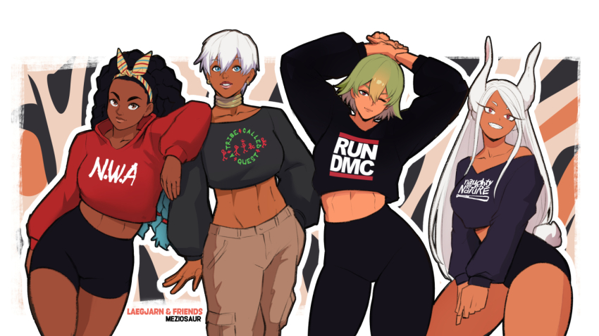 4girls :d ;) abs animal_ears arm_on_another&#039;s_shoulder arms_up artist_name bike_shorts black_hair black_pants black_shirt black_shorts black_sweater blonde_hair blue_eyes boku_no_hero_academia border breasts brown_eyes brown_pants clothes_writing clothing_cutout collarbone commentary cropped_hoodie cropped_sweater crossover dark-skinned_female dark_skin earrings elena_(street_fighter) english_commentary english_text female_focus fire_emblem fire_emblem_heroes gold_choker green_hair hair_between_eyes hood hoodie jewelry kimberly_jackson laegjarn_(fire_emblem) large_breasts leaning_on_person long_eyelashes long_hair looking_at_viewer meziosaur midriff mirko multicolored_hair multiple_girls navel nintendo one_eye_closed open_mouth orange_hair pants parted_bangs parted_lips print_background rabbit_ears rabbit_girl rabbit_tail red_eyes red_hoodie shirt short_hair short_shorts shorts smile street_fighter street_fighter_6 street_fighter_iii_(series) sweater tail tail_through_clothes thick_thighs thighs tight_clothes tight_pants toned toned_female trait_connection very_long_hair white_border white_hair
