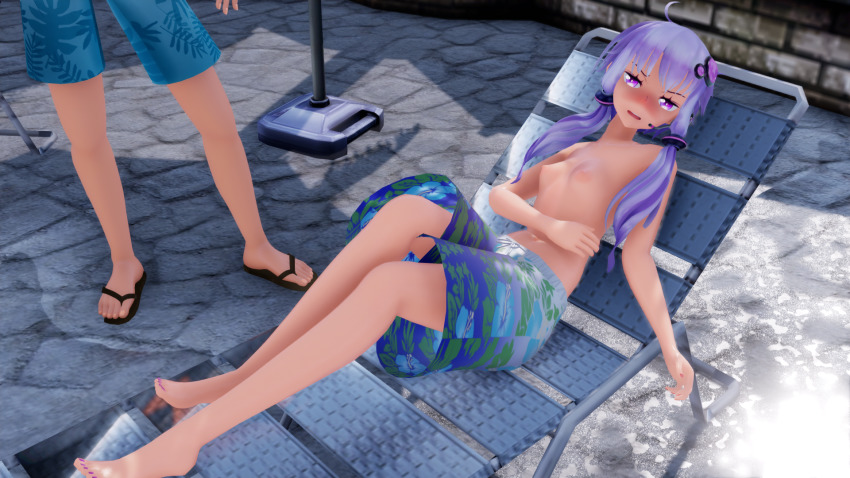 1boy 1girl 3d artist_request blue_male_swimwear blue_swim_trunks blush breasts character_request exhibitionism feet hair_ornament highres leaf_print lying male_swimwear male_swimwear_challenge nail_polish nipples pink_nails pool print_male_swimwear print_swim_trunks print_swimsuit public_indecency purple_eyes purple_hair small_breasts swim_trunks swimsuit tagme topless_female twintails water