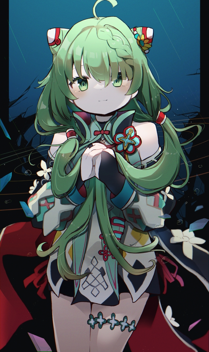 1girl ahoge blue_background blush braid braided_bangs bridal_gauntlets closed_mouth collared_dress cone_hair_bun cowboy_shot detached_sleeves double_bun dress glass_shards green_eyes green_hair hair_bun hands_on_own_chest hands_up heruka_(madoka_magica) highres kashi_neko layered_dress long_hair looking_at_viewer magia_record:_mahou_shoujo_madoka_magica_gaiden mahou_shoujo_madoka_magica multicolored_dress short_dress side_up_bun sleeveless sleeveless_dress smile solo twintails