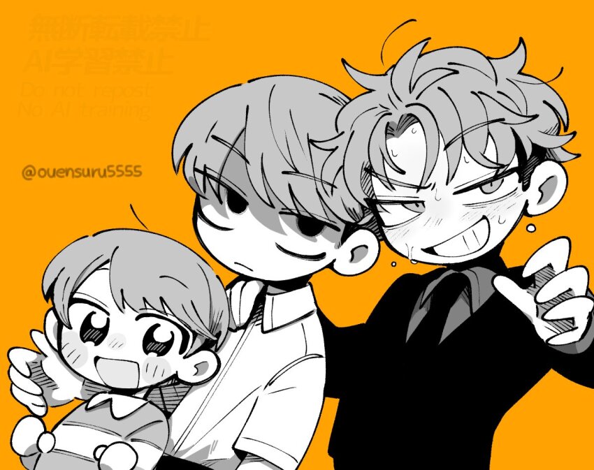 3boys :d age_progression aged_down child closed_mouth collared_shirt commentary_request curtained_hair dress_shirt futsuu_no_keion-bu greyscale_with_colored_background grin hand_on_another&#039;s_shoulder hand_up height_difference jacket male_focus multiple_boys multiple_persona necktie official_alternate_costume official_alternate_hairstyle open_mouth orange_background ouensuru5555 raised_eyebrow sanpaku shirt short_sleeves simple_background smile suit_jacket takami_kouki time_paradox twitter_username upper_body watermark