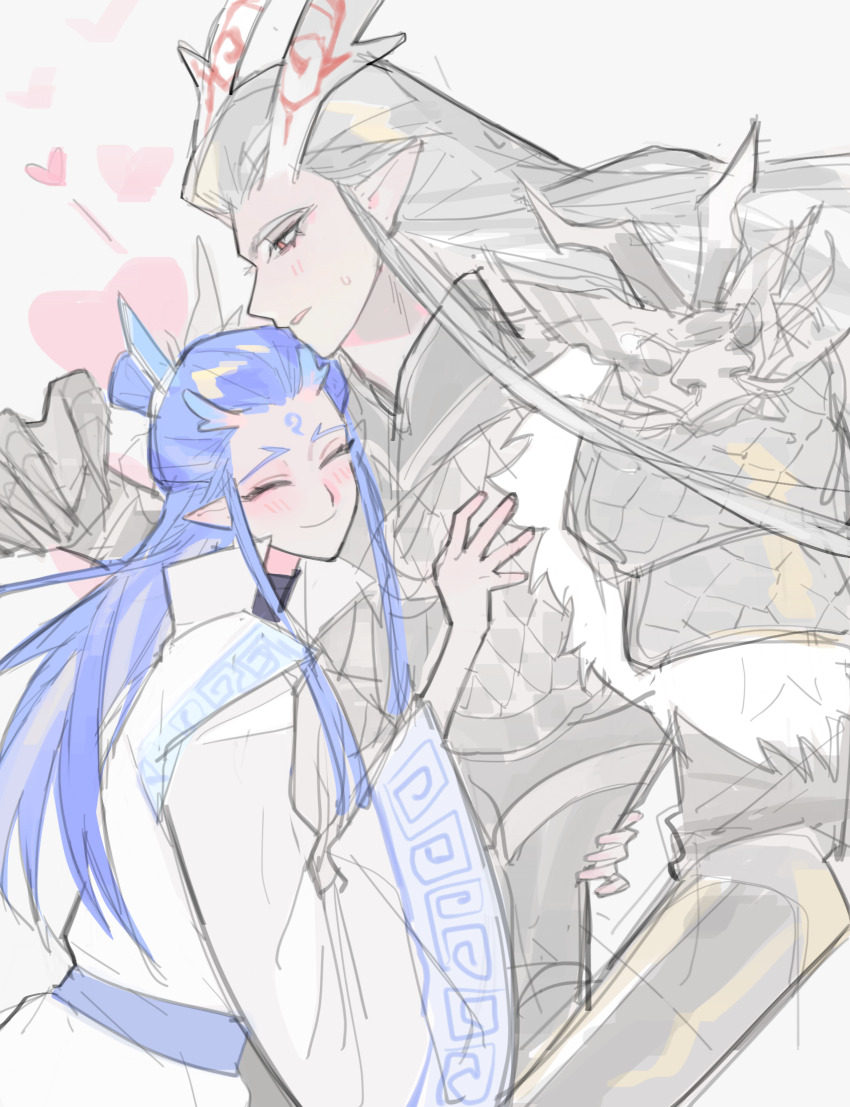 2boys ao_bing_(nezha_zhi_motong_jiangshi) ao_guang_(nezha_zhi_motong_jiangshi) armor blue_hair blush chinese_clothes closed_eyes dragon_boy dragon_horns facial_mark father_and_son forehead_mark fur_trim hanfu heart height_difference highres horns hug long_hair long_sleeves male_focus multiple_boys nezha_zhi_motong_jiangshi pointy_ears red_eyes sidao_al simple_background sketch smile upper_body white_background white_hair white_hanfu wide_sleeves yaoi