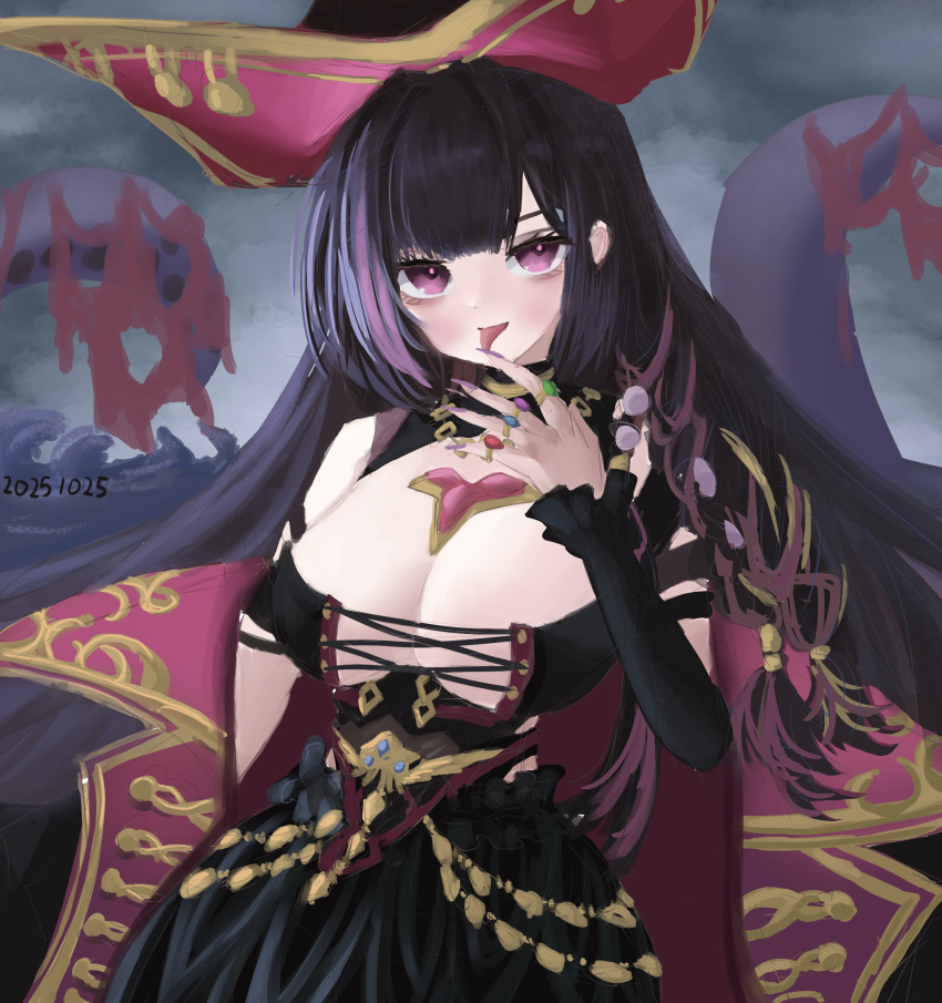 1girl azur_lane black_hair breasts cleavage daizeroyuugekibutai dated hat highres jewelry large_breasts long_hair looking_at_viewer multicolored_hair pirate pirate_hat purple_eyes purple_hair purple_nails purple_streaks queen_anne&#039;s_revenge_(azur_lane) ring simple_background solo streaked_hair tentacles tongue tongue_out