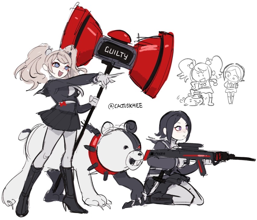2girls alternate_costume beast_monokuma black_boots black_hair black_shirt black_skirt blonde_hair blue_eyes boots closed_mouth creator_connection crossover danganronpa:_trigger_happy_havoc danganronpa_(series) danganronpa_another_episode:_ultra_despair_girls english_text enoshima_junko female_focus full_body gun hammer high_heel_boots high_heels highres holding holding_gun holding_hammer holding_mallet holding_rifle holding_weapon ikusaba_mukuro knee_boots kneeling last_defense_academy_school_uniform long_hair mallet multiple_girls open_mouth pantyhose pleated_skirt pointing purple_eyes shirt siblings simple_background sirei_(hundred_line) skirt standing the_hundred_line_-last_defense_academy- twins twintails weapon white_background white_pantyhose