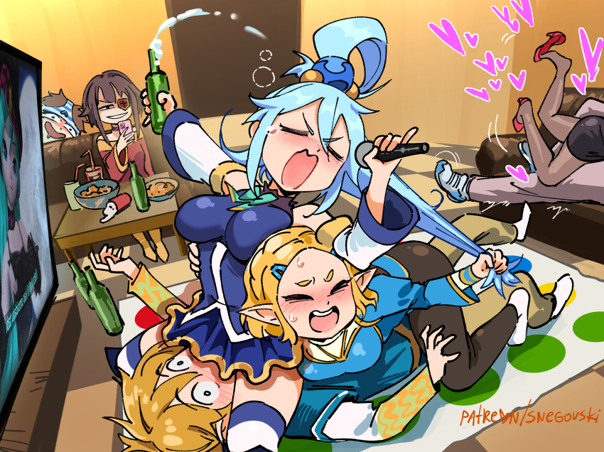 2boys 4girls accident alcohol all_fours aqua_(konosuba) ass blonde_hair blue_eyes blue_hair blush breasts closed_eyes crossover darkness_(konosuba) eyepatch hatsune_miku heart hetero highres kono_subarashii_sekai_ni_shukufuku_wo! link long_hair mat medium_breasts megumin multiple_boys multiple_girls music nintendo playing_games pointy_ears princess_zelda satou_kazuma short_hair short_hair_with_long_locks singing sitting sitting_on_face sitting_on_person small_breasts snegovski squeans television the_legend_of_zelda the_legend_of_zelda:_breath_of_the_wild the_legend_of_zelda:_tears_of_the_kingdom thighs twister vocaloid