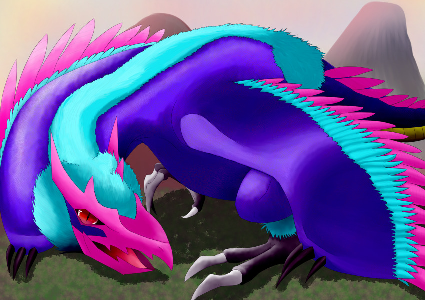 artist_request bird claws creature digimon digimon_(creature) highres horns looking_at_viewer monster ornismon red_eyes sharp_teeth sky solo squatting tail teeth wings