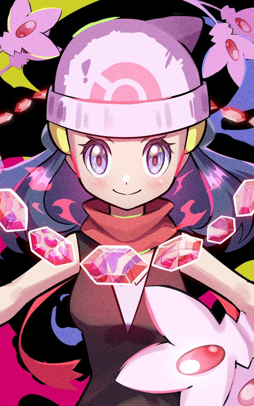 beanie black_background black_shirt blue_eyes blue_hair dawn_(pokemon) dialga gem gen_4_pokemon hat highres inana_umi legendary_pokemon nintendo palkia pokemon pokemon_dppt red_scarf scarf shirt simple_background solo_focus upper_body white_hat