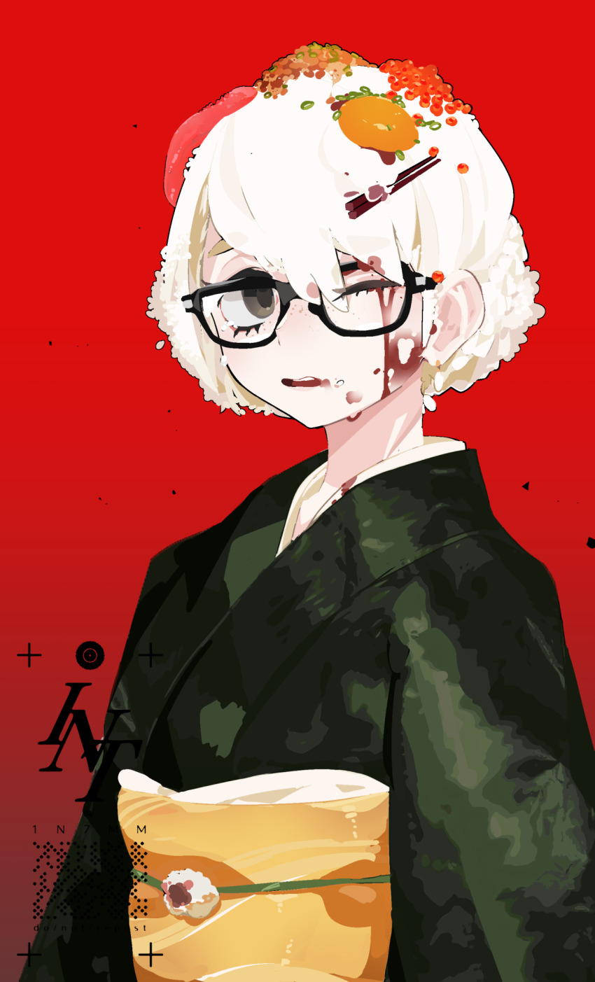 1girl black-framed_eyewear black_eyes chopsticks food food_on_hair food_on_head freckles glasses green_kimono hair_bun highres idkuroi japanese_clothes kimono looking_at_viewer obi object_on_head one_eye_closed original parted_lips red_background sash short_hair simple_background single_hair_bun solo tamagokake_gohan white_hair yellow_sash