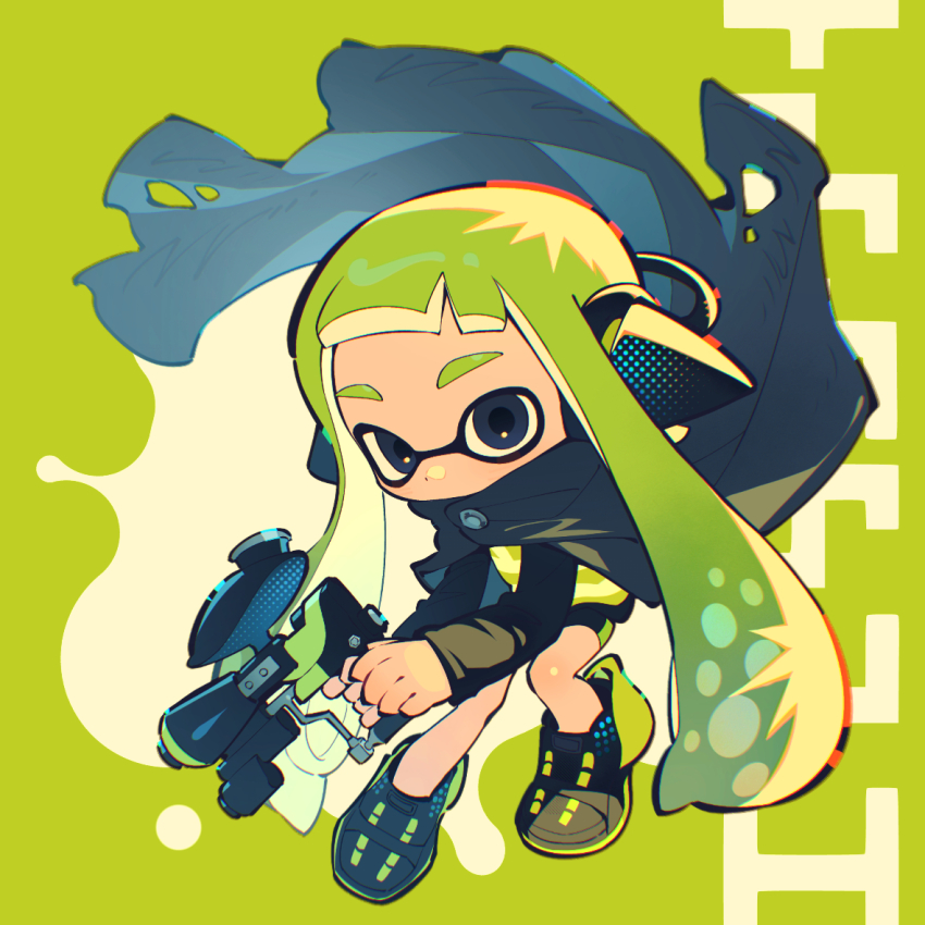 1girl agent_3_(splatoon) behind-the-head_headphones bike_shorts black_jacket black_shoes black_shorts blue_cape blue_eyes cape chibi chibi_only ebifurai_(15121299912) floating_cape full_body green_background green_hair headphones hero_shot_(splatoon_1) high-visibility_clothing high-visibility_vest holding holding_weapon inkling jacket long_hair long_sleeves looking_at_viewer nintendo no_mouth shoes shorts solo splatoon_(series) tentacle_hair torn_cape torn_clothes twintails very_long_hair weapon