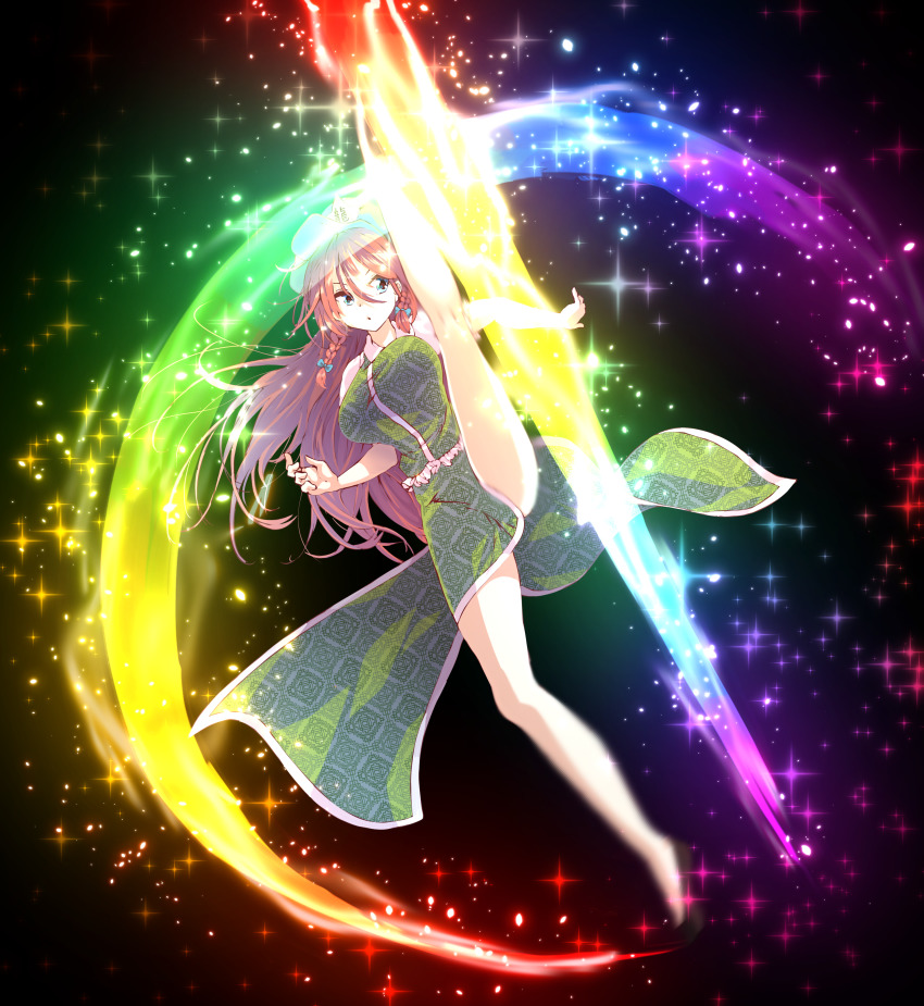 1girl absurdres beret black_background braid china_dress chinese_clothes dress full_body genocide_cutter green_dress green_eyes green_hat hat hat_ornament highres hong_meiling long_hair looking_to_the_side open_mouth rainbow red_hair side_braids simple_background solo star_(symbol) star_hat_ornament sunnysideup touhou twin_braids