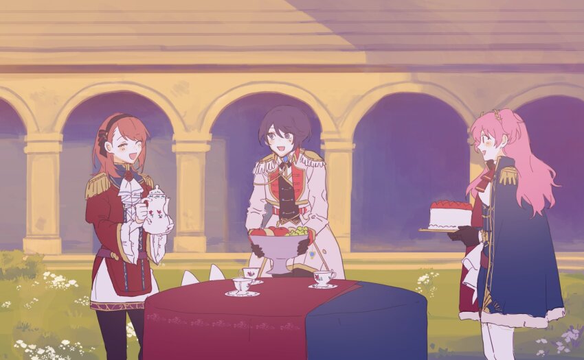 3girls aiguillette arch ascot black_cape black_coat black_gloves black_hair blush brown_hair cake cape chalice coat cup dog epaulettes fang food fruit ganada_404 gloves half_gloves hanasato_minori highres holding holding_cake holding_cup holding_food hoshino_ichika_(project_sekai) jacket momoi_airi multiple_girls official_alternate_costume official_alternate_hair_length official_alternate_hairstyle pink_hair project_sekai red_ascot red_jacket relax_teatime_(project_sekai) saucer smile speech_bubble standing strawberry table tablecloth teacup teapot thighhighs thought_bubble twintails white_ascot white_coat white_gloves white_jacket white_thighhighs