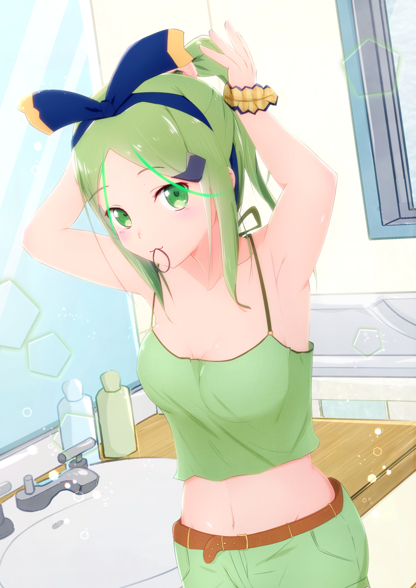 1girl 22/7 absurdres arms_behind_head bare_shoulders bathroom belt blue_hairband blush bow bow_hairband breasts brown_belt camisole cleavage closed_mouth cowboy_shot dutch_angle furoggu-gaburi green_camisole green_eyes green_hair green_shorts hair_bow hair_ornament hair_tie_in_mouth hairband hairclip half_updo hands_up high_ponytail highres indoors kiryu_touko lens_flare light_particles looking_at_viewer mirror mouth_hold navel parted_bangs ponytail shorts sink soap_bottle solo two-tone_bow tying_hair window