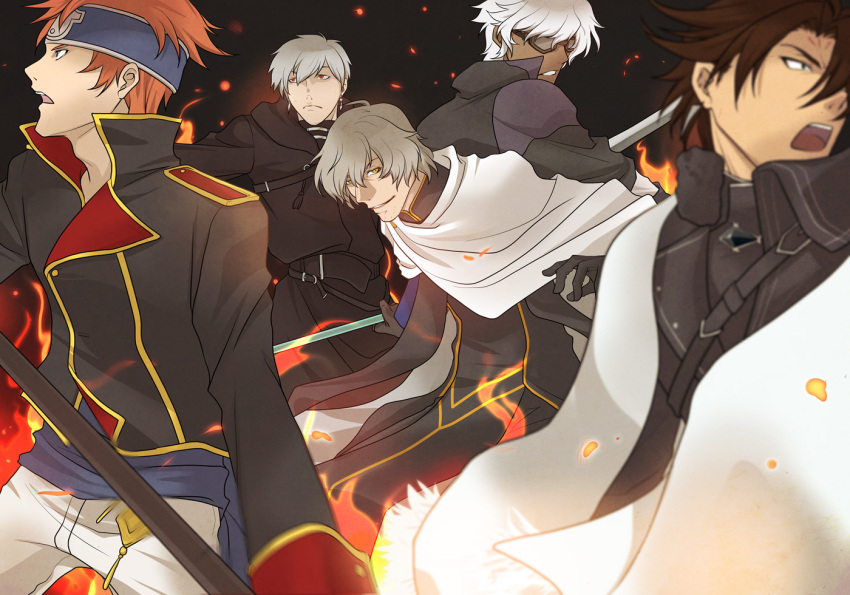 5boys :o black_gloves black_jacket brown_eyes cape clenched_teeth dark-skinned_male dark_skin embers fire frown fujishiro_kanae gloves goggles gold_trim grey_eyes hair_between_eyes headband heinz_lottner holding holding_sword holding_weapon jacket leak_(fallen_kings) looking_at_viewer male_focus mei_(fallen_kings) multiple_boys open_mouth orculius_(fallen_kings) pixiv_fantasia pixiv_fantasia_fallen_kings sirius_(fallen_kings) smile standing sword teeth weapon white_cape