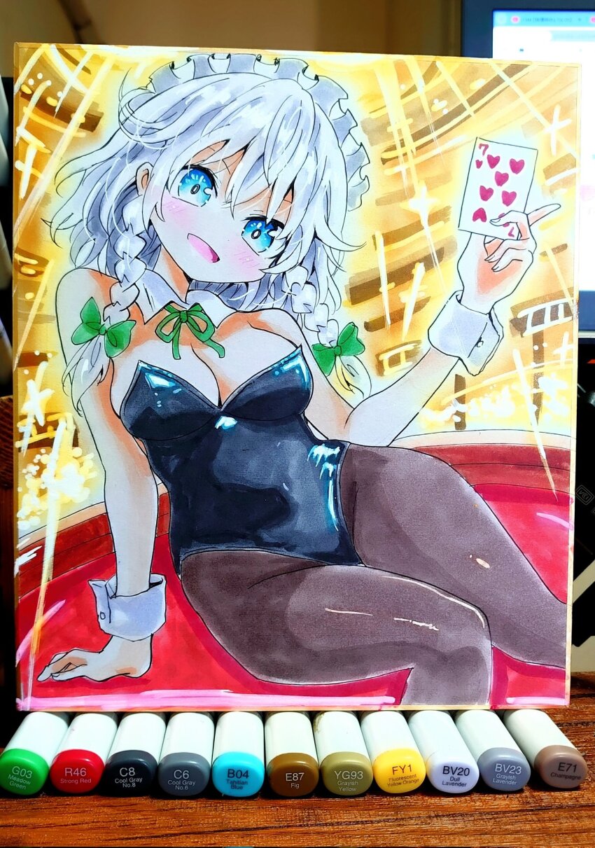 1girl black_leotard blue_eyes braid breasts brown_pantyhose card cleavage commentary_request danmaku detached_collar grey_hair head_tilt highres holding holding_card izayoi_sakuya leotard maid_headdress medium_hair pantyhose playboy_bunny poker sitting strapless strapless_leotard touhou traditional_media twin_braids wrist_cuffs yukinadare_kiyotaka