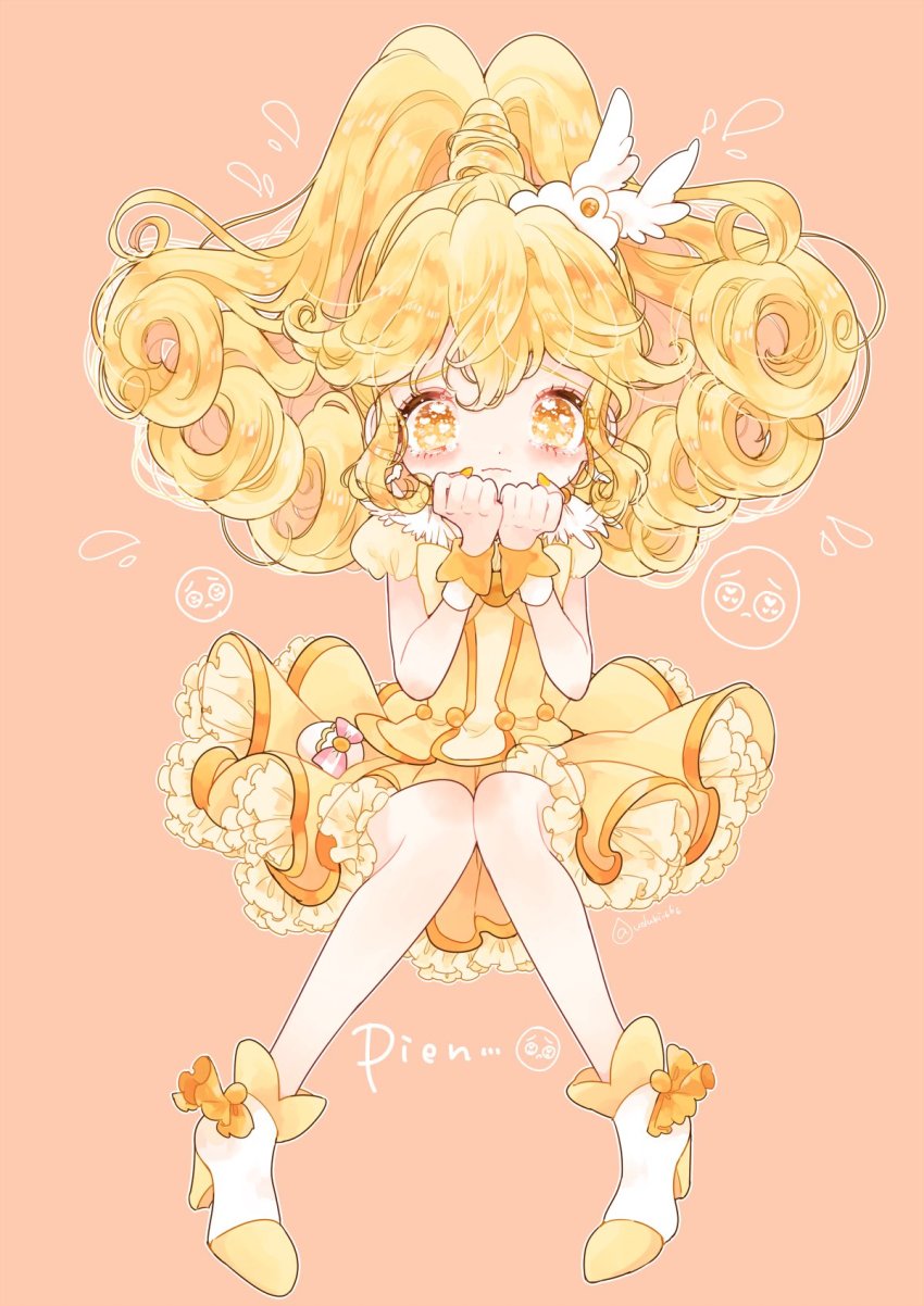 1girl blonde_hair closed_mouth cuffs cure_peace curly_hair frilled_skirt frills full_body high_heels highres kise_yayoi knees_together_feet_apart long_hair magical_girl miniskirt ponytail precure puffy_short_sleeves puffy_sleeves short_sleeves simple_background skirt smile_precure! solo tearing_up uzuki_aki yellow_eyes