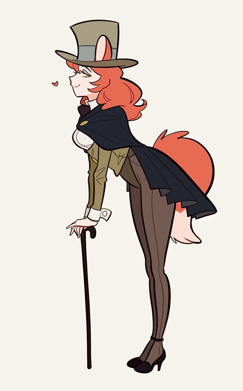 1girl animal_ears black_cape black_footwear brown_leotard brown_pantyhose cane cape ears_through_headwear fox_ears fox_girl fox_tail from_side full_body genderswap genderswap_(mtf) high_heels highres holding holding_cane honest_john_(disney) humanization leotard long_eyelashes long_hair looking_at_viewer orange_eyes orange_hair pantyhose pinocchio_(disney_movie) shirt smile solo tail uochandayo white_shirt