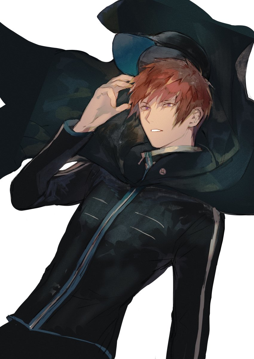 1boy absurdres arafune_tetsuji arm_at_side baseball_cap black_cloak black_hat black_jacket cloak floating_clothes hand_up hat hat_loss highres jacket long_sleeves looking_at_viewer male_focus mnmnwtsn parted_lips purple_eyes red_hair short_hair simple_background solo uniform unworn_hat unworn_headwear upper_body white_background world_trigger