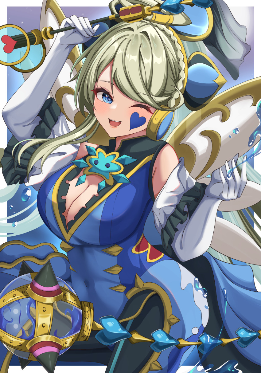 1girl ;d absurdres arm_up bare_shoulders blonde_hair blue_eyes braid breasts cleavage commentary_request commission covered_navel cowboy_shot dress duel_monster elbow_gloves facial_mark fairy_wings gloves headphones highres holding holding_whip lafremi large_breasts long_hair looking_at_viewer one_eye_closed open_mouth sidelocks skeb_commission sleeveless sleeveless_dress smile solo standing standing_on_one_leg swept_bangs teeth trickstar_holly_angel trickstar_noble_angel upper_teeth_only water_drop white_gloves wings yu-gi-oh!