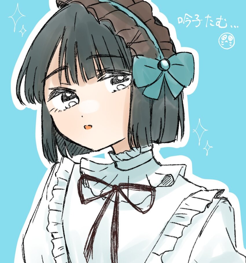 1girl alternate_costume black_hair black_ribbon blue_background blue_bow blunt_bangs blunt_ends bob_cut bow bow_hairband commentary_request frilled_headband frilled_shirt frills hairband link!_like!_love_live! looking_at_viewer love_live! momose_ginko neck_ribbon outline parted_lips puripuri_hurai ribbon shirt short_hair simple_background solo sparkle virtual_youtuber white_outline white_shirt