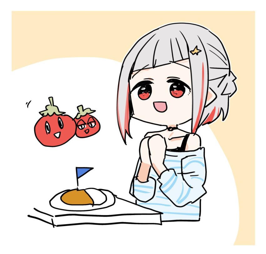 1girl :d bare_shoulders black_choker black_sports_bra border choker collarbone commentary_request cropped_torso curry curry_rice food grey_hair hair_ornament half_updo highres kanduki_kamibukuro link!_like!_love_live! love_live! multicolored_hair o-ring o-ring_choker off_shoulder open_mouth own_hands_together raised_inner_eyebrows red_hair rice short_hair simple_background sketch smile solo sports_bra star_(symbol) star_hair_ornament streaked_hair tomato virtual_youtuber white_border yellow_background yugiri_tsuzuri
