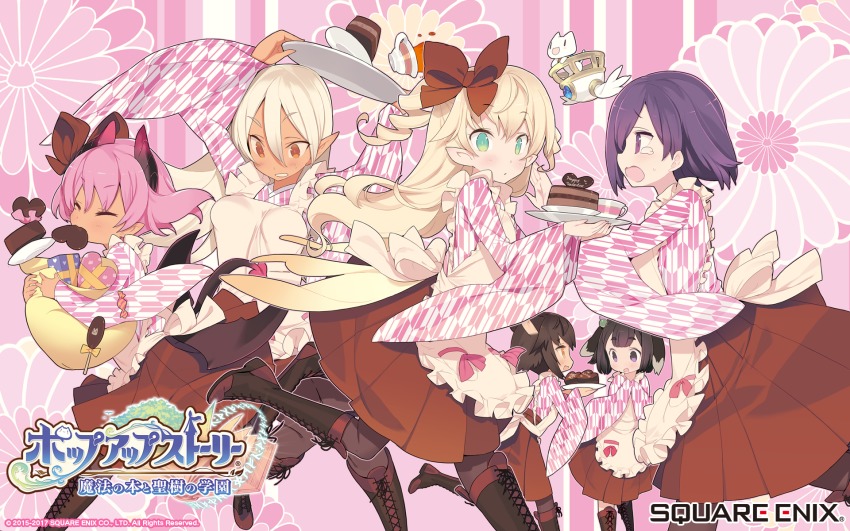 6+girls :3 animal_ears blade_(galaxist) blonde_hair blush boots cat cat_ears cat_girl chocolate closed_eyes dark_elf demon_girl dog_ears dog_girl drill_hair elf erika_oldenburg fairy green_eyes highres horns japanese_clothes jenna_kirsty long_hair maid multiple_girls official_art official_wallpaper orange_eyes pink_hair pink_theme pointy_ears pop-up_story purple_eyes purple_hair renge_miyamoto revia_serge shiroe_adele short_hair smile suzuna_isurugi twin_drills two_side_up ursula_raiment valentine wa_maid