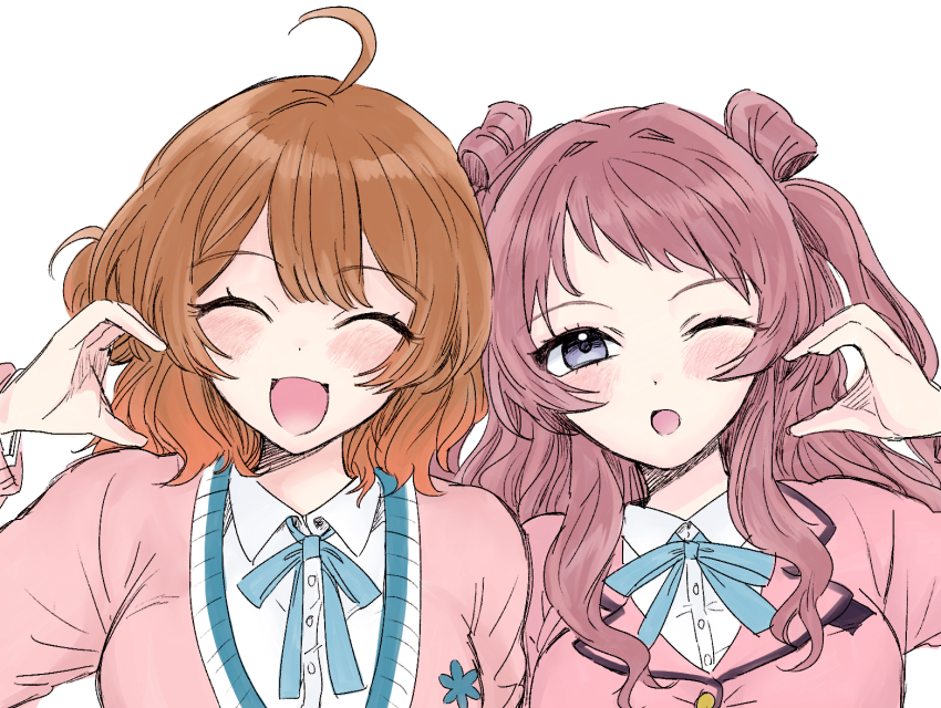 2girls ;o ^_^ ahoge blazer blue_ribbon blush brown_cardigan brown_hair brown_jacket cardigan closed_eyes commentary_request gakuen_idolmaster half-heart_hands hanami_saki hanami_ume hatsuboshi_gakuen_school_uniform idolmaster jacket looking_at_viewer multiple_girls neck_ribbon one_eye_closed ribbon school_uniform siblings simple_background sisters smile su_(cpsj8244) upper_body white_background