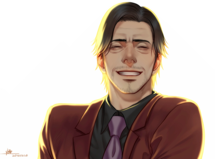 1boy ^_^ anderain black_hair black_shirt closed_eyes dated facial_hair formal_clothes grin highres male_focus necktie nishitani_homare purple_necktie red_suit ryuu_ga_gotoku_(series) ryuu_ga_gotoku_0 shirt signature smile solo stubble suit upper_body