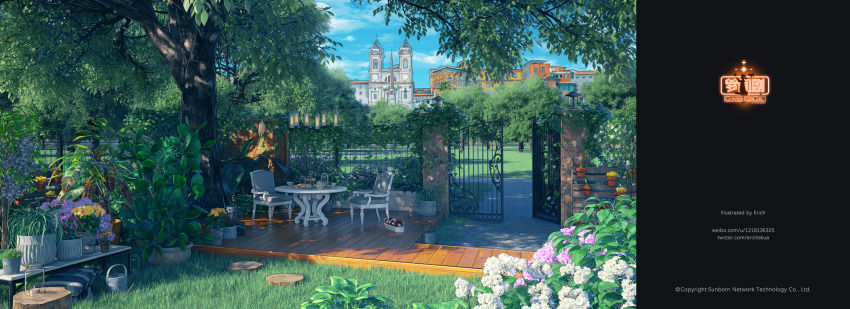 artist_name bucket building chair commentary_request company_name copyright_notice crossover day erich fence flower flower_request garden gate girls&#039;_frontline gunslinger_girl highres iron_fence jar leaf no_humans outdoors pillow plant potted_plant purple_flower scenery shadow tree twitter_username variant_set watermark web_address weibo_username white_flower