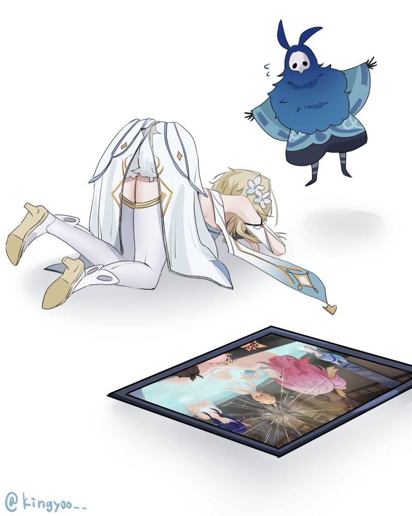 1girl 1other absurdres abyss_mage_(genshin_impact) aether_(genshin_impact) artist_name blonde_hair crack cracked_screen dress flower genshin_impact hair_flower hair_ornament highres kingyoo lumine_(genshin_impact) raiden_shogun shoes thighhighs top-down_bottom-up white_background white_dress white_flower white_shoes white_thighhighs yae_miko yumemizuki_mizuki